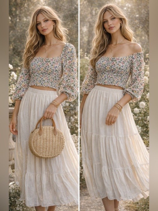 Lulus Tops - Lulus Floral Smocked Crop Top Puff Sleeve Cottagecore Blouse Multicolor M